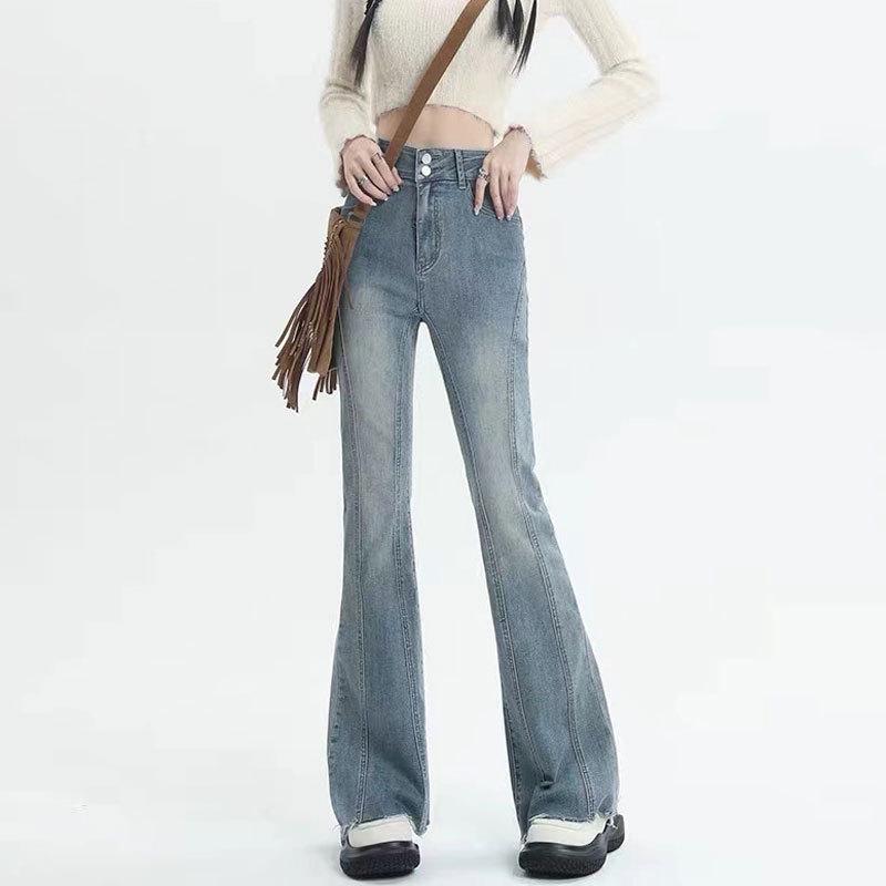 Women's High Waist Vintage Micro-Flare Jeans - Elastic, Raw Hem, Double Button, Retro Bell Bottom.
