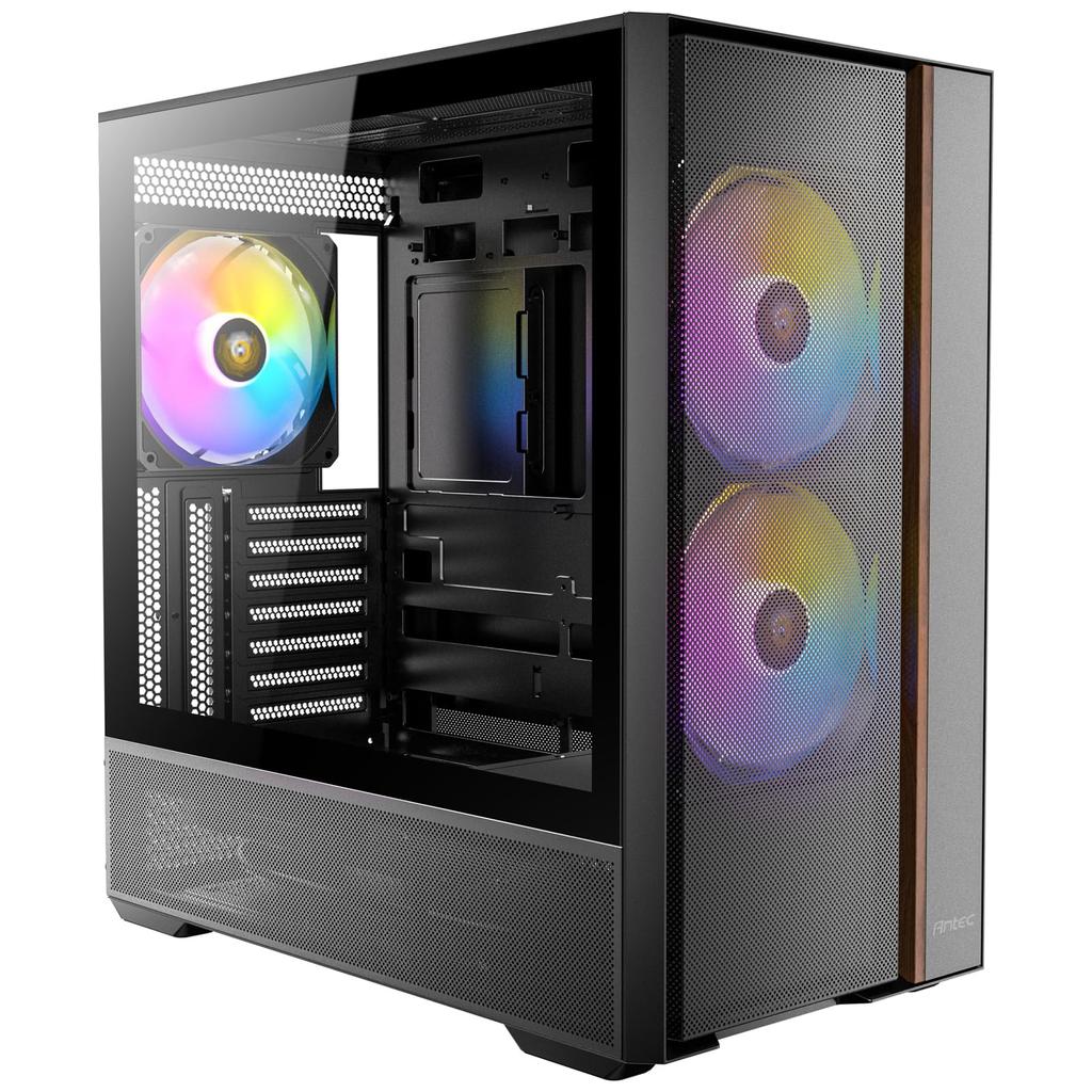 ANTEC FLUX REAR Mid Tower Case: A mid-tower PC case with a wooden front panel and a tempered glass side panel for enhanced cooling.