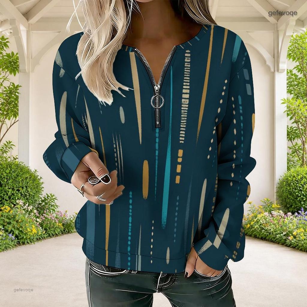 Women Plus Size Abstract Printed V Neck Front Zip Long Sleeve Sweatshirt