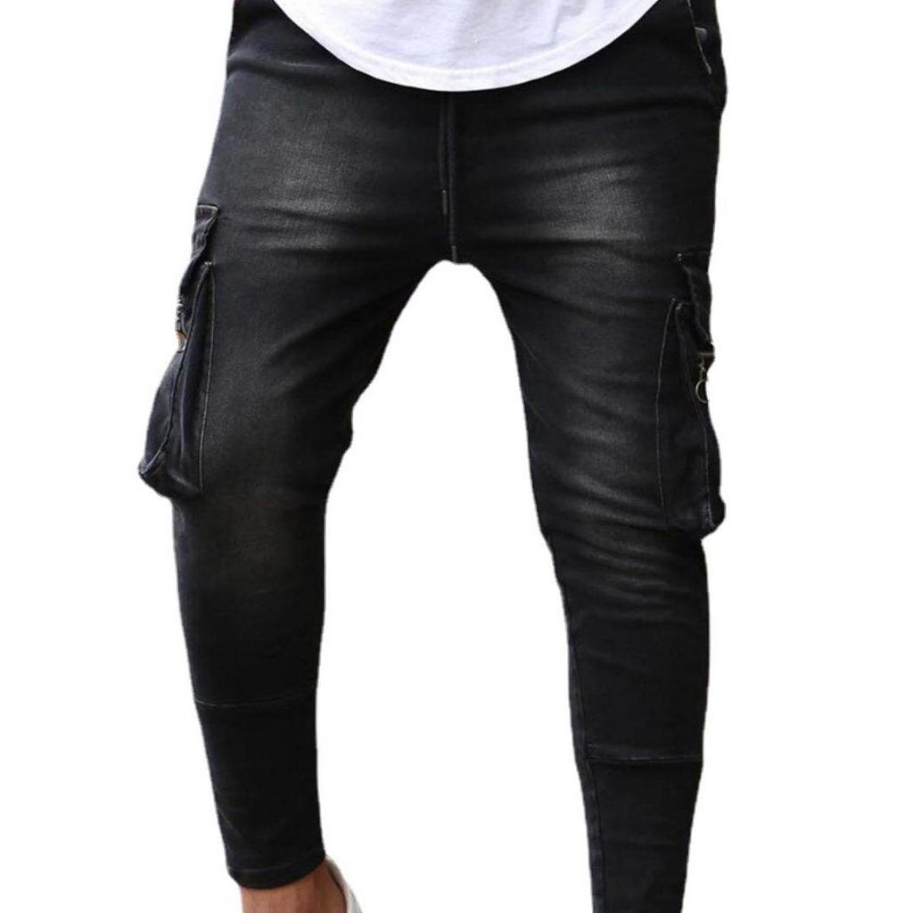 Herren-Jeans mit mehreren Taschen, Stretch, Reißverschluss, Dekoration, Arbeitskleidung, Jeans, Neu