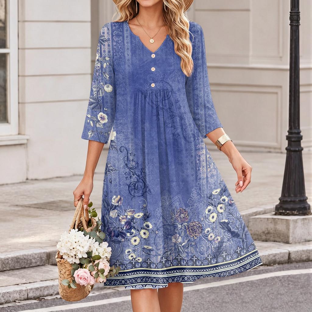 Women's Casual Floral Print V-Neck 3/4 Sleeve Dress