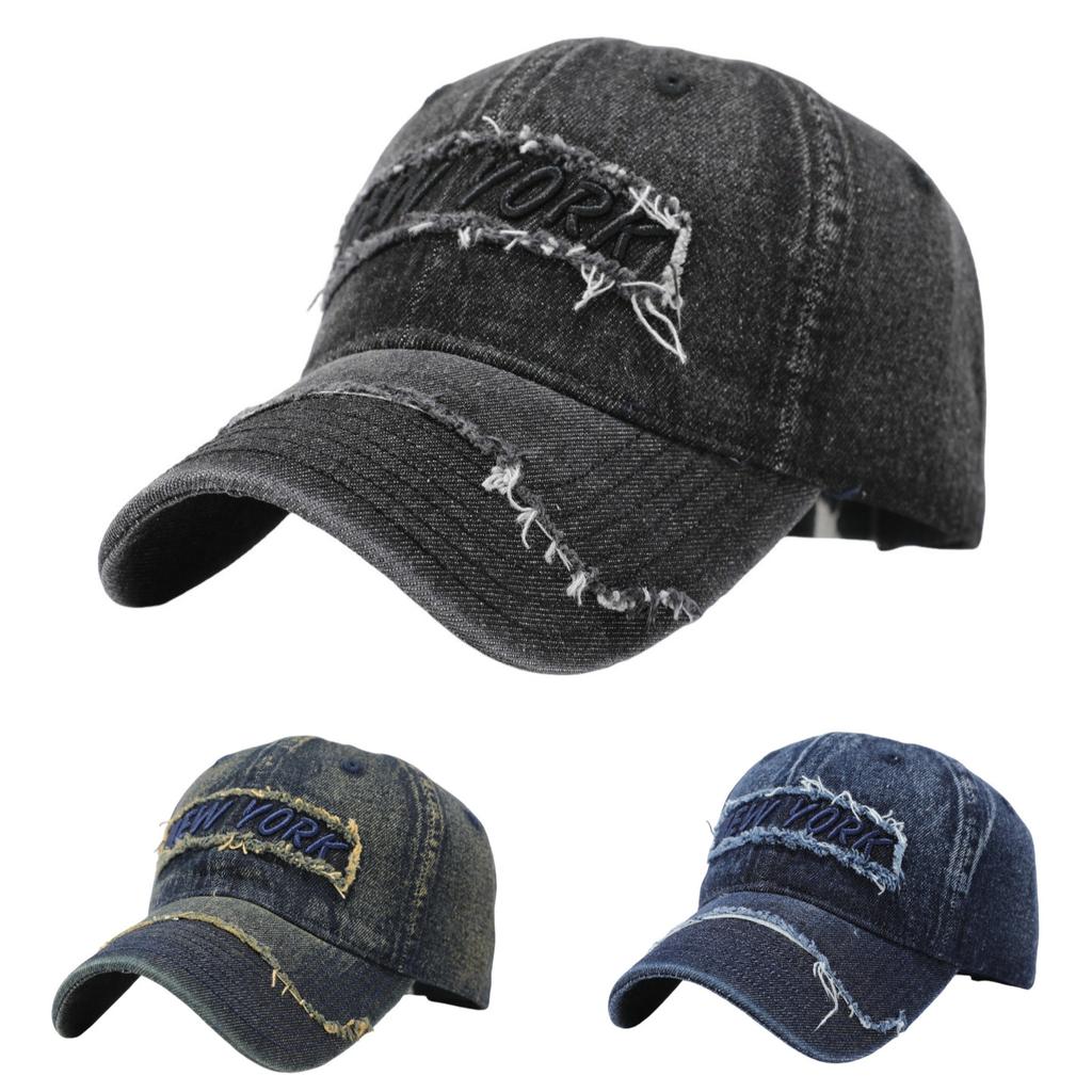 Vintage NEW YORK Ripped Washed Denim Baseball Cap Male Heavy Industry Couple Face Small Sunscreen Cap