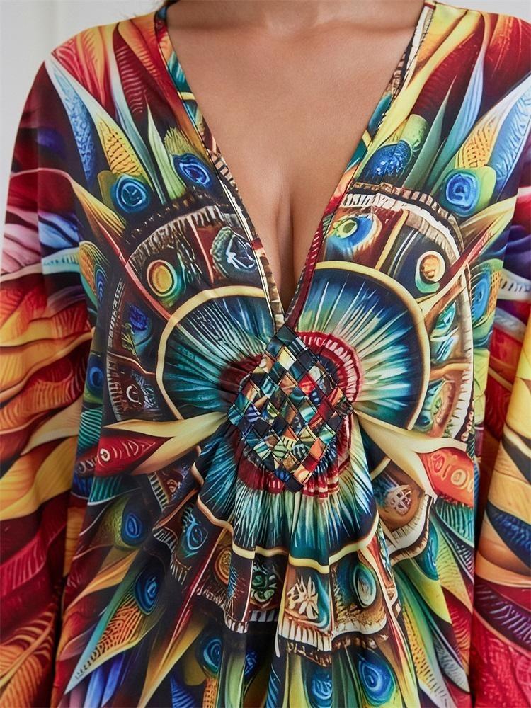 Summer Vintage Boho Women Plus Size Kaftan Sexy Beach Coverups Colorful Printed V Neck Batwing Sleeve
