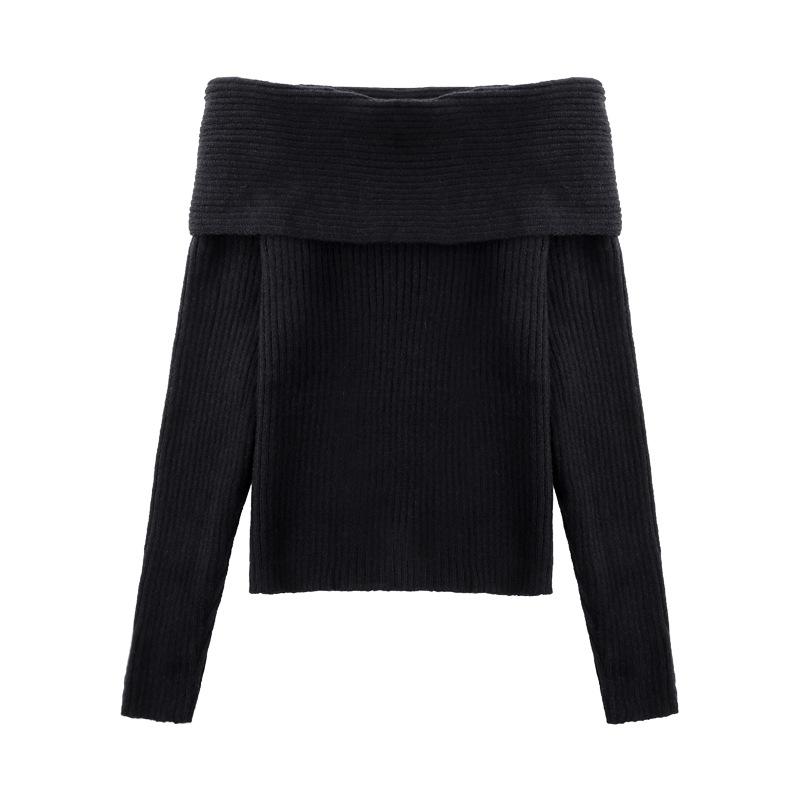 

Модный элегантный пуловер с воротником-лодочкой и открытыми плечами для женщин, весенне-осенний, внутренний, повседневный, простой, с длинными рукавами, облегающий вязаный топ one size чёрный