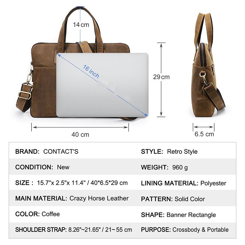 CONTACT'S Genuine Leather Laptop Bags for Men Business Messenger Shoulder Bags for 13.3/15.4/16 Inch Laptop Male Computer Tote Bags