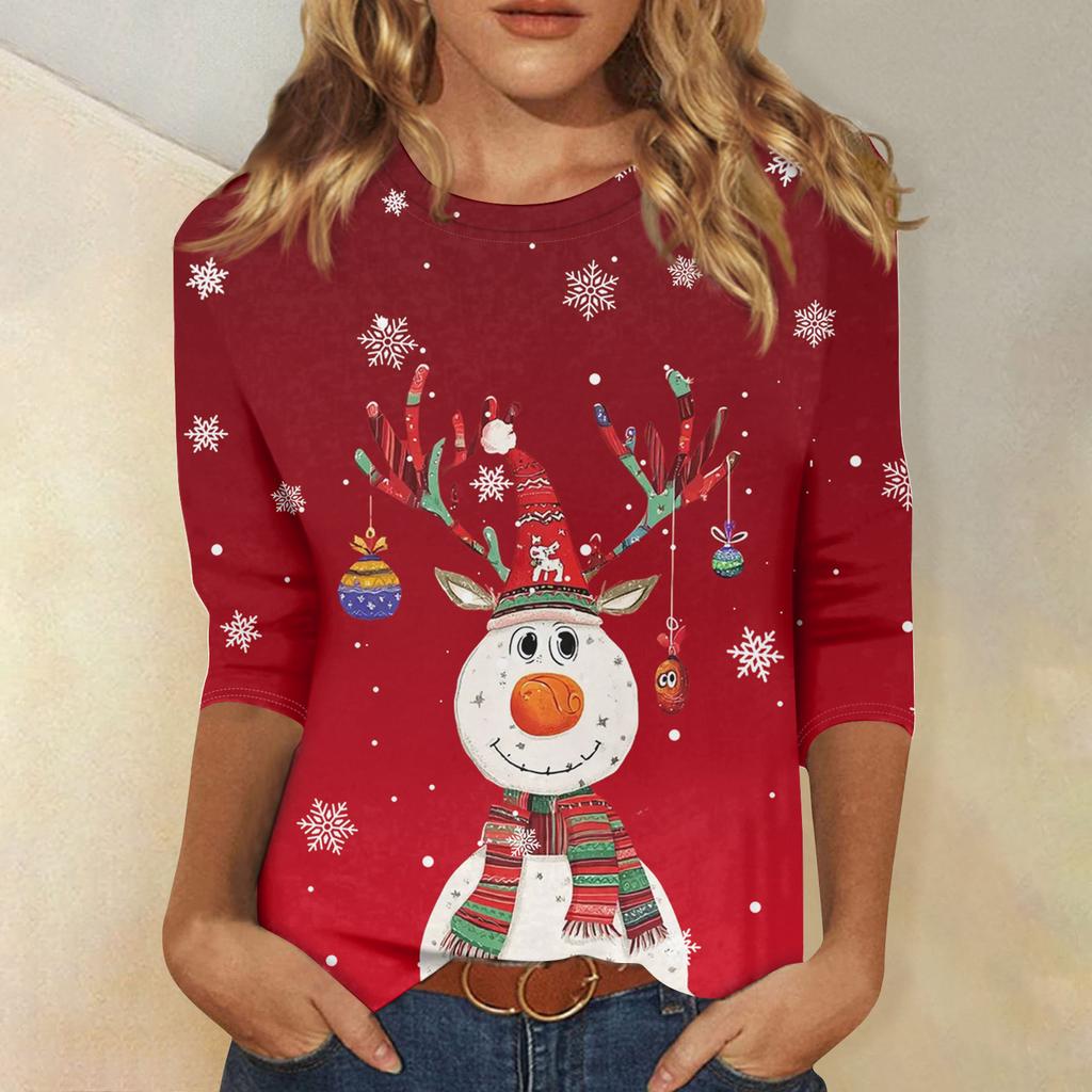 3/4-Ärmel-Shirts für Damen Druck Weihnachts-T-Shirts Blusen Lässig Übergröße Basic-Oberteile Pullover