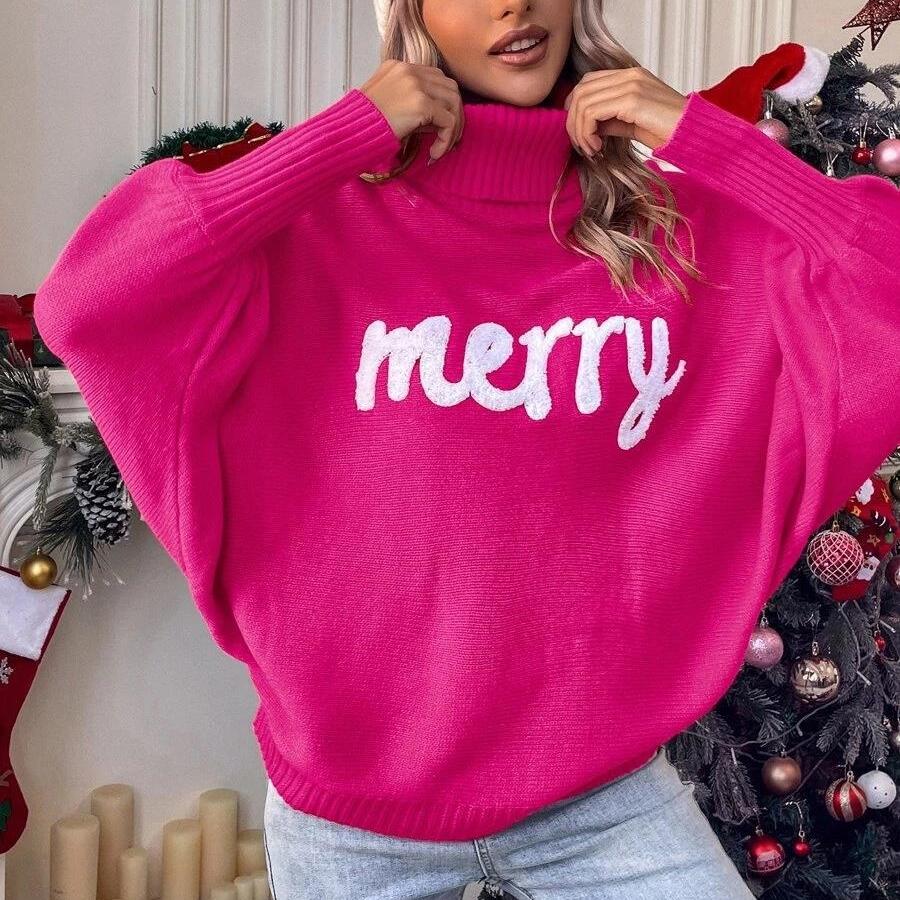 GMXIA Christmas Turtleneck Women's Autumn Winter Loose Bat-sleeve Wear Knit Top Women