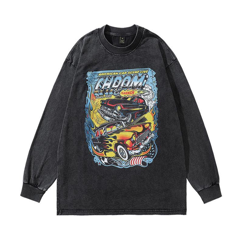 High Street Trend Brand Long Sleeve T-Shirt American Street Hip Hop Printing Washed Old Cotton Top Bottom T-Shirt Men