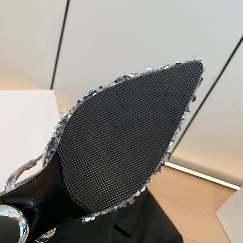 Fashion 2024 Women's New Nightclub Pointed Shining Metal Elastic Buckle Leather Cowhide Comfortable Low Heel Large Headed Muller Sandals