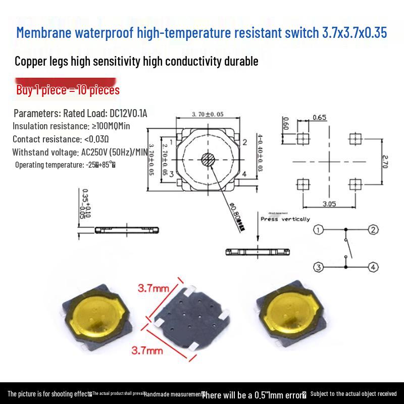 Waterproof Micro Tactile Switch, 4-Pin, 6x6mm, SMD/Through-Hole, Side Press, Self-Locking