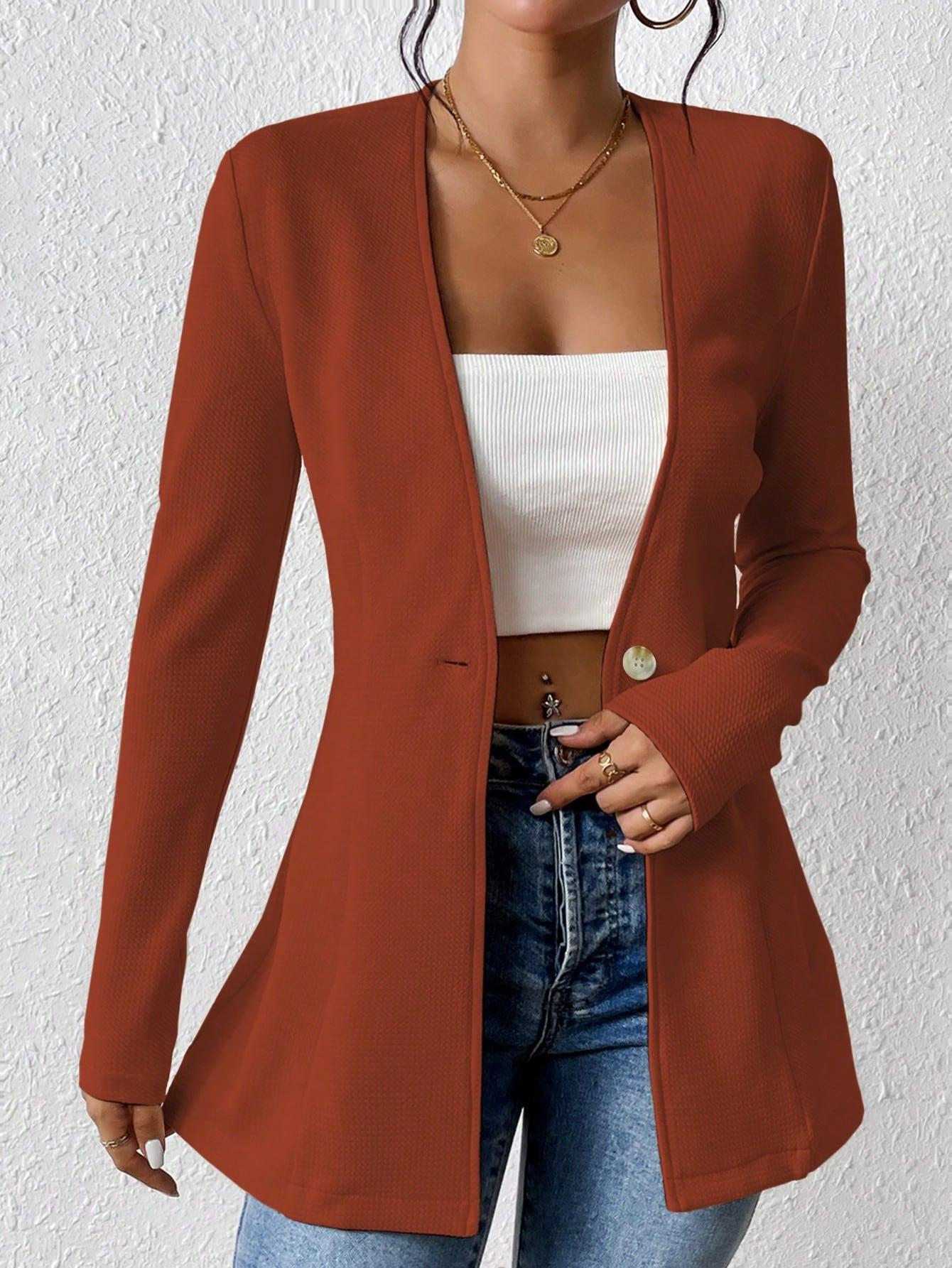 

2026 European & American Korean V-neck Long Sleeve Solid Color Blazer S кофейный