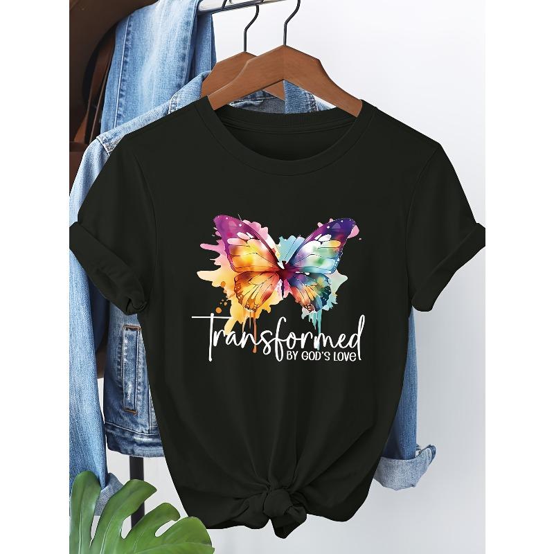 European Size Butterfly Letter Print Short Sleeve T-Shirt