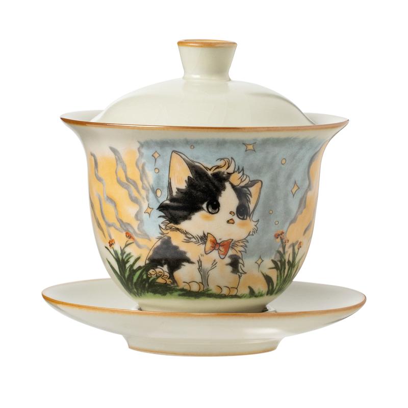 

High-quality Retro Ru Kiln Cute Cat Tea Tureen Ceramic Sancai Cover Bowl Tea Maker Gaiwan Can Raise Kung Fu Teaware 200ml