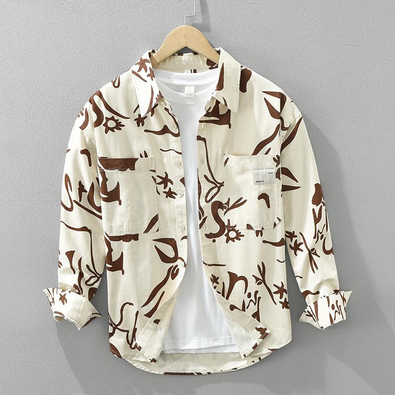 

Корейская мода длинные рукава принтованные рубашки для мужчин весна и осень уличная одежда литературные мужские топы молодежная чистая хлопковая повседневная рубашка M абрикосовый