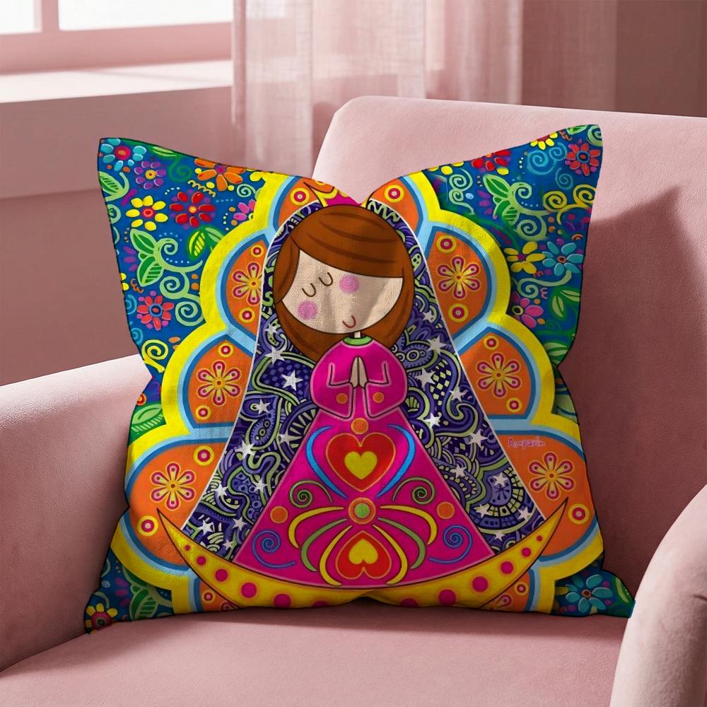Cartoon Virgin Mary Art Cushion Cover Multi-Scene Pillow Cover for Home & Car - Reversible, Soft & Durable for Daily Use