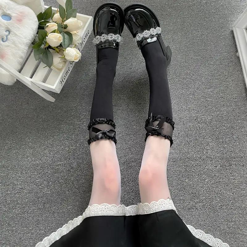Lolita Summer Thin Girls Stockings Girls Summer JK Black White Calf Socks Japanese Lace Bow Hollow Mid-thigh Tignts Long Socks