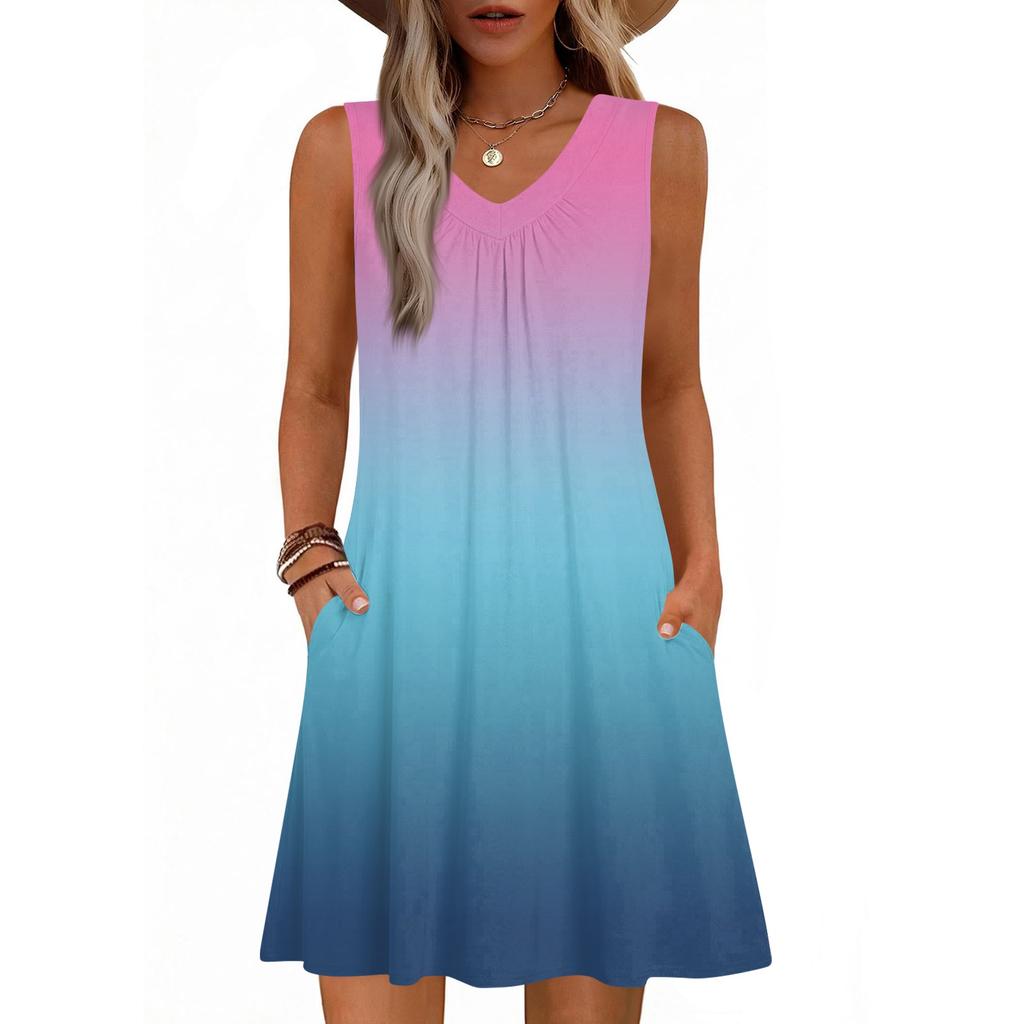 Dámské módní letní tílko bez rukávů s V-výstřihem, s kapsou, ležérní volné šaty