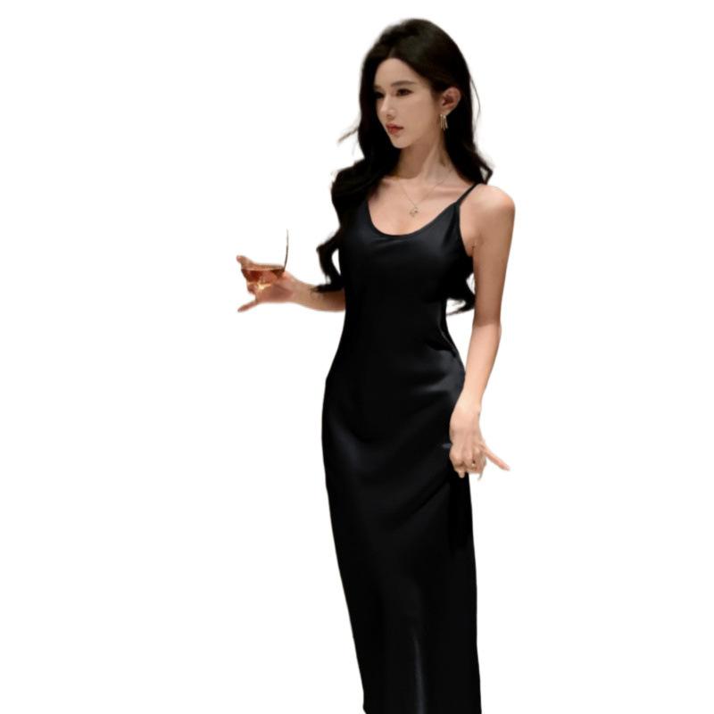 New French U-neck satin suspender dress women's autumn and winter waist temperament bottoming dress
