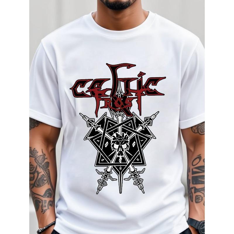 

European sizes Men S Graphic T-Shirt - Gothic Heavy Metal Inspired White Tee with Red Text Design, Short Sleeve Round Neck Casual Shirt 4XL білий