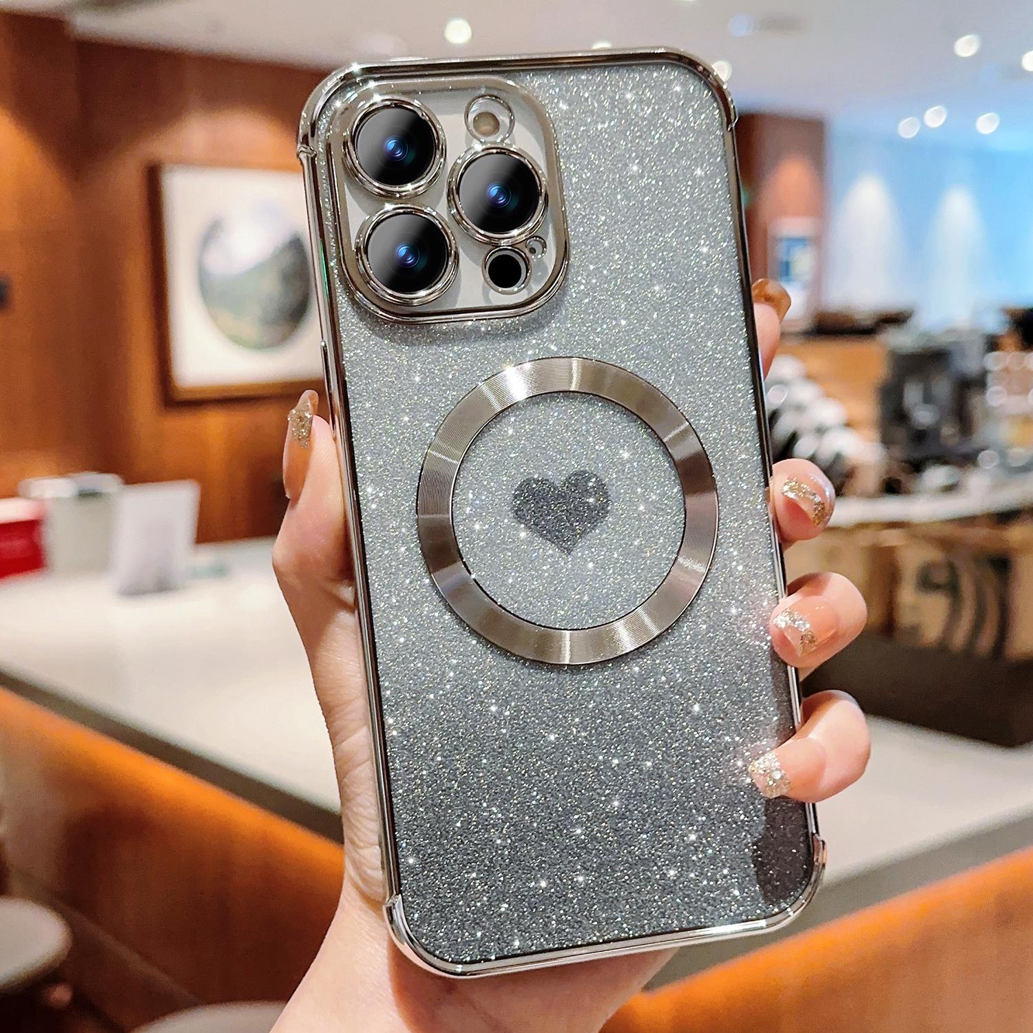 

For iPhone 14 Pro Glitter Case Compatible with MagSafe TPU Phone Cover Love Heart Electroplating Silver