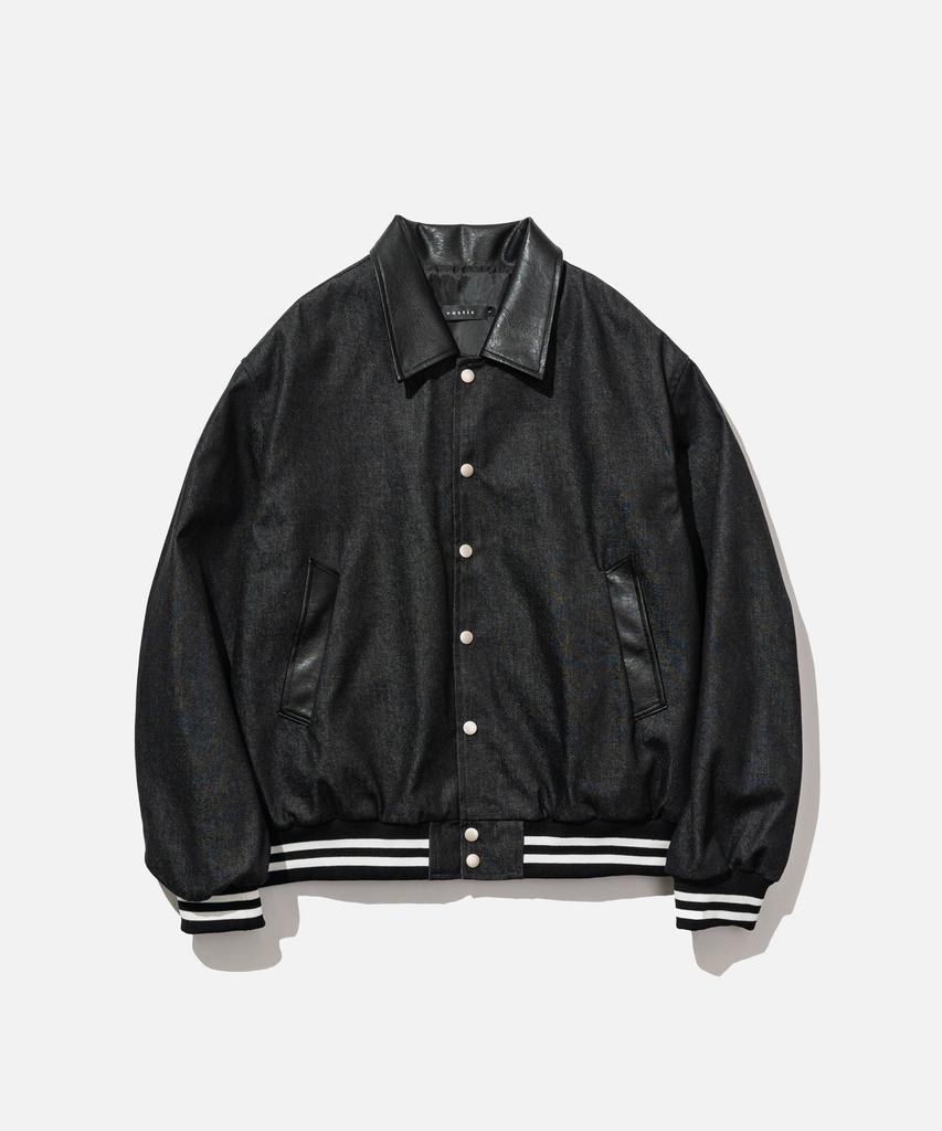 Vastic Leather Collar Denim Varsity Jacket_Black