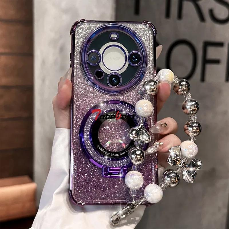 

Противоударный чехол с блестящим покрытием, кронштейном Magsafe и браслетом из бусин для Honor Magic 6 5 4 X9B X60i X60 X50i X40i X50 X40 X30 Pro Honor X9B лавандовый