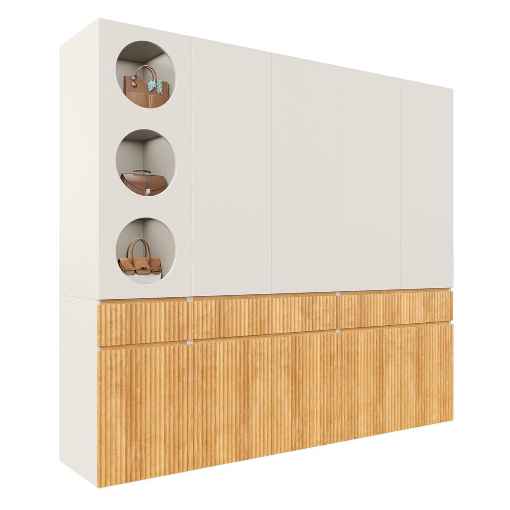 Wardrobe, 225 X 50 X 200 Cm, with 10 Doors, 2 Clothes Rails and 3 Drawers, for Bedroom, Hallway, Children's Room or Office, Light Oak