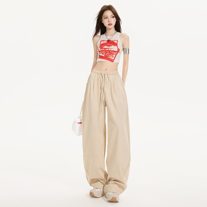 American Retro Lace-up Summer Thin Fluffy Breathing Pants Milk Pants Air Casual Wide-leg Tooling Scimitar Pants