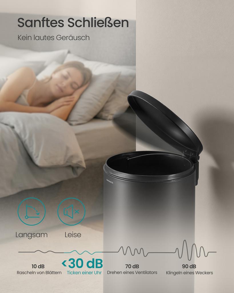 SONGMICS 30L Round Trash Can with 15 Trash Bags, Metal Pedal, Removable Plastic Bucket, Handle, Soft-Close Lid, Steel, Ink Black