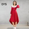 Christmas Performance Dress Fluffy Square Neck Pure Color A-line Irregular Hem Button Decor Festive Stage Show Santa Cosplay Costume New Year Party