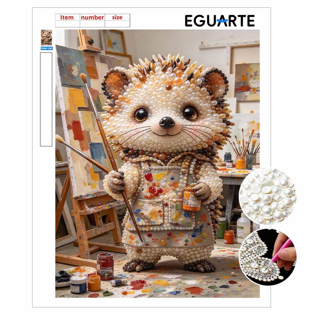 5D Framed Pearl Painting Kit Cute Artist Hedgehog Pattern Sparkling Bead Art Canvas Ready to Display Creative Home Decor Gift