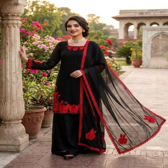 Black Frendy Silk Floral Embroidered Palazzo Suit with Dupatta Set