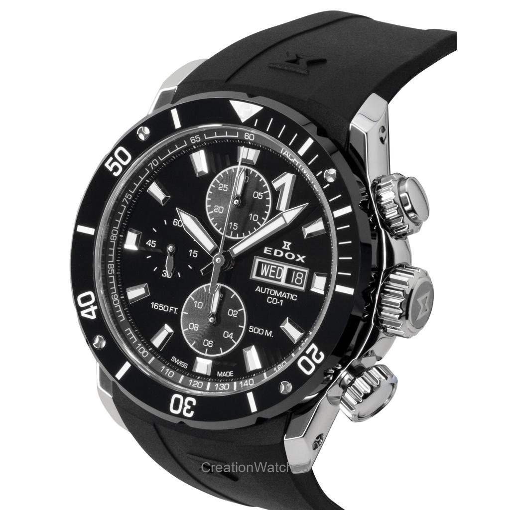 Edox CO-1 Chronograph Rubber Strap Black Dial Automatic Diver's 01128-3NRCA-NN 500M Men's Watch