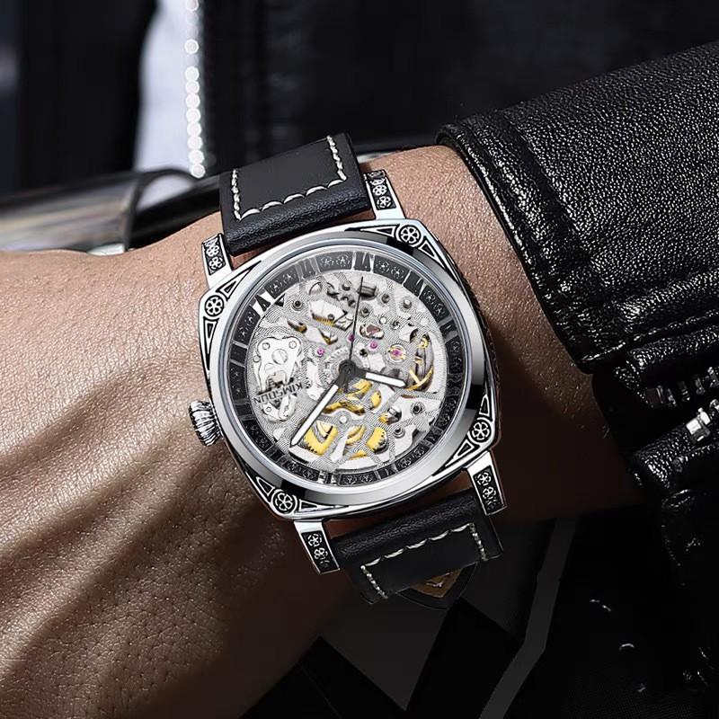 Automatic Mechanical Mens Watch With Dual-Side Hollow Carved Dial Stainless Steel Case Mineral Glass 42mm