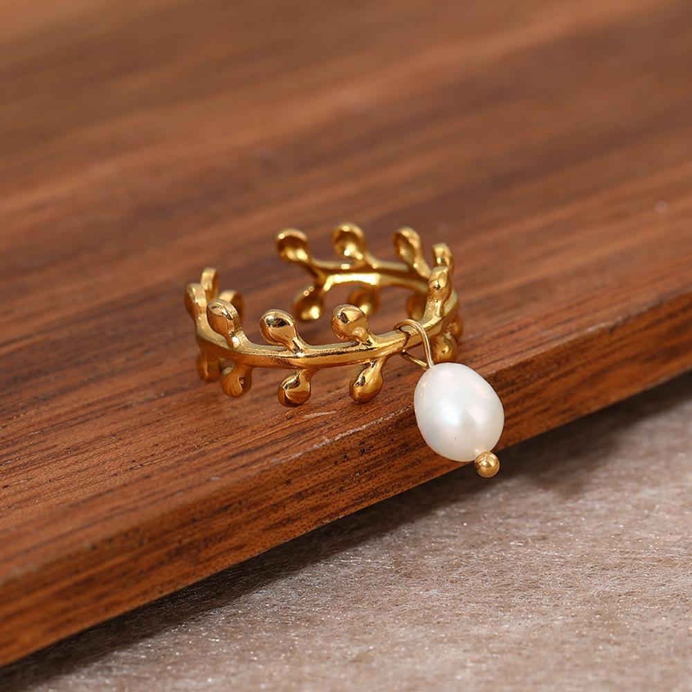 Stainless Steel Geometric Open Ring with Freshwater Pearl - Fashionable and Versatile Design