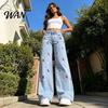 High Elasticity Denim Girl's Bow Cherry Print Baggy Jeans, Wide Leg Mid Waisted Women Jeans Pants, Zipper Fly Elastic Casual Streetwear with Pockets