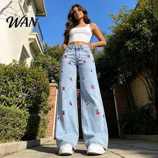 High Elasticity Denim Girl's Bow Cherry Print Baggy Jeans, Wide Leg Mid Waisted Women Jeans Pants, Zipper Fly Elastic Casual Streetwear with Pockets