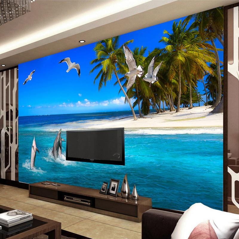 Custom Mural Wallpaper HD Sea View Large Murals Beach Coconut Trees Dolphin Seagull Photo Wall Paper For Living Room TV Backdrop
