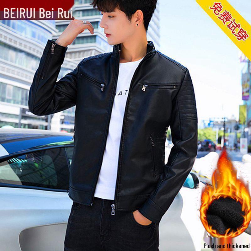 Korean Style Men's Winter Leather Motorcycle Jacket with Velvet Lining
