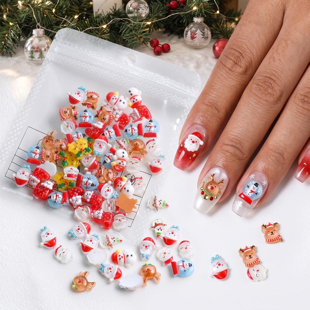 50Pcs Cute Christmas Candy Cane Nail Charms Colorful Resin Santa Claus Candy Cane Christmas Nail Rhinestones Winter Nail Decora