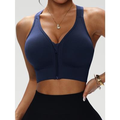 Women's Front Zip Racerback Sports Wireless Seamless Workout Bra with Pads