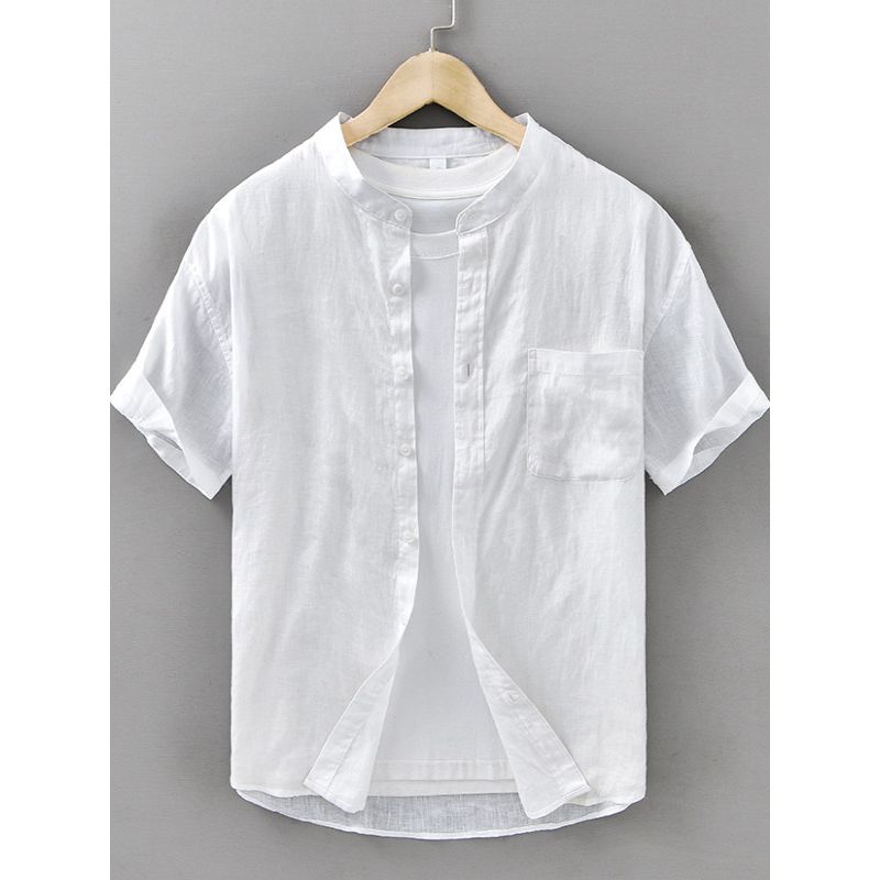 New Chinese Style National Style Linen Short sleeve Shirts Men's Clothing Retro Stand Collar Cotton Linen Fabric Loose Casual Shirt Thin