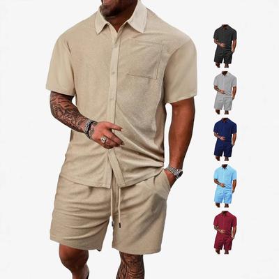 Conjunto masculino de verão novo casual com botões cor sólida tecido jacquard de grão cruzado toalha conjunto de shorts de manga curta
