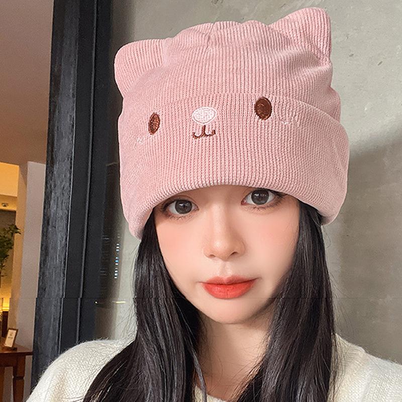 Cute Cat Embroidered Knitted Hat Outdoor Warm Ear Protection Cat Ears Wool Cap Over Head Cold Cap Street Beanies Cap Penny Cap