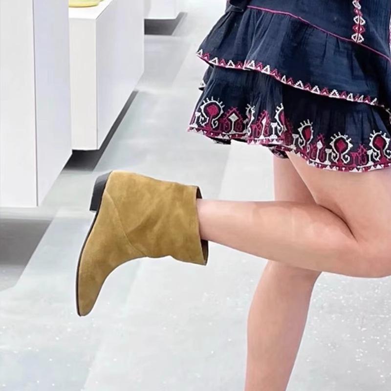 Leather Retro Oblique Mouth Wide Tube Short Tube Flat Bottom Pointed Head Western Cowboy Boots Small Naked Boots Thin Boots Short Boots Womens