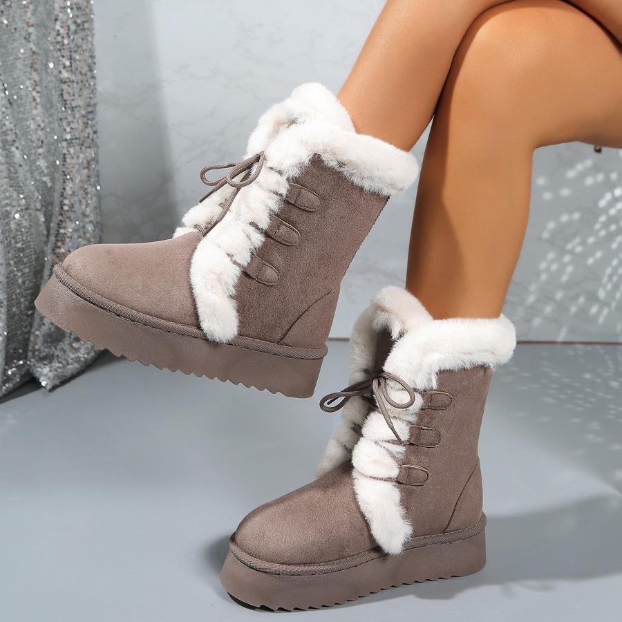 2025 Fall/Winter Women's Snow Boots with Fleece Lining, Thickened Sole, Height-Enhancing Design, Leather & Fur Combination, Cotton-Lined Warm Boots