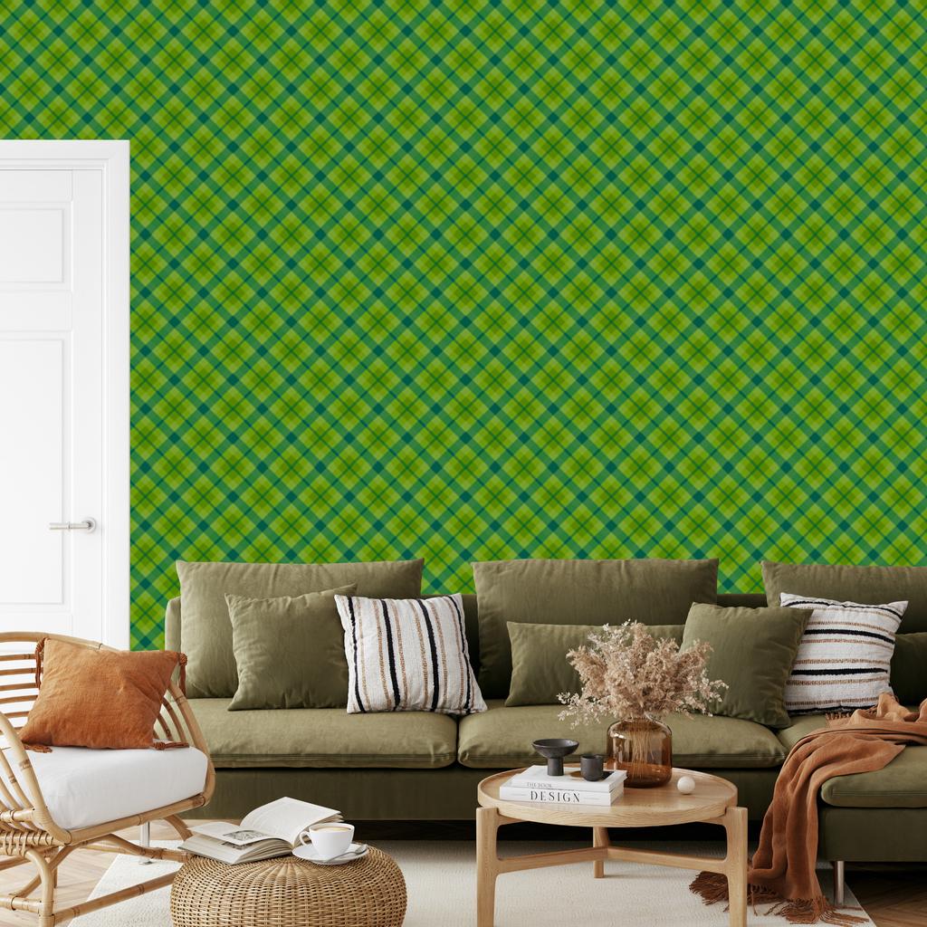 Green Check Wallpaper Lime, Green and Sea Blue 50x1000