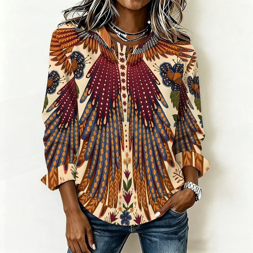 Plus Size Ladies Long Sleeve T Shirt Vintage Floral Printed Casual Loose Daily Blouse