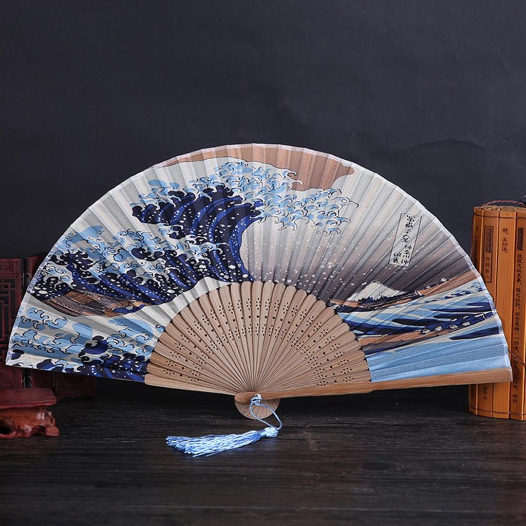 Silk Hand Fan Vintage Silk Folding Hand Fan Kanagawa Waves Japanese Folding Fan Women Bamboo Fans Japanese Art Craft Gift