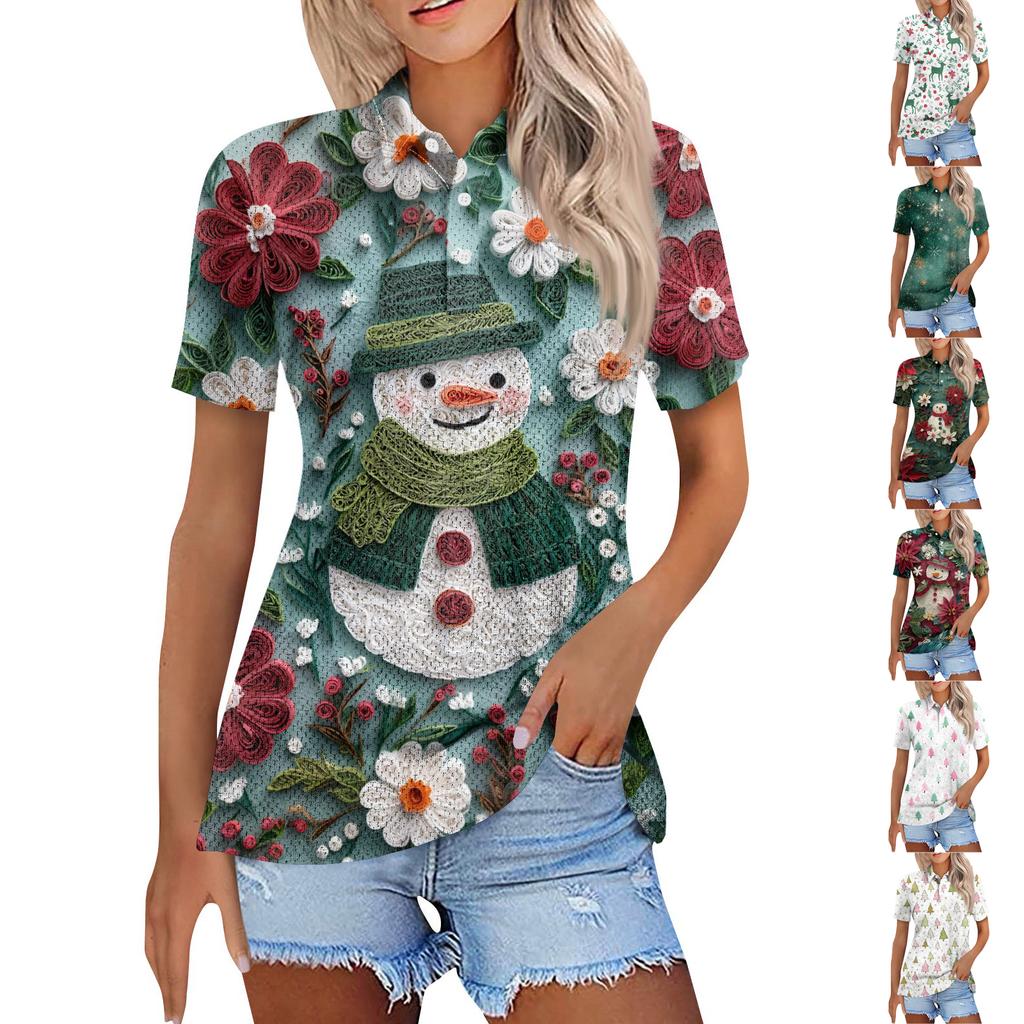 Dámská móda Neformální košile s potiskem s klopou a krátkým rukávem Dámské topy se zapínáním na knoflíky